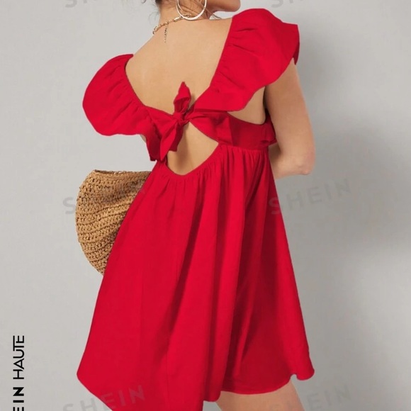 SHEIN Haute Solid Color Ruffle Hem Backless A-Line Dress With Bowknot On Back - Picture 5 of 5